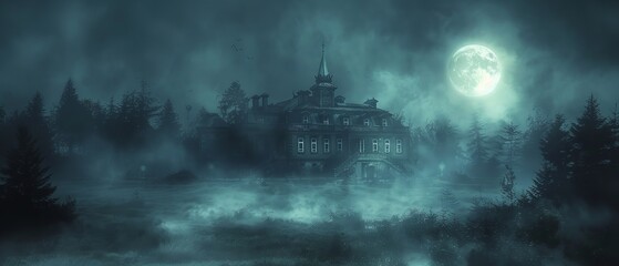 A haunting sight at night of an ancient home encircled by fog and lit by the full moon, Generative AI.