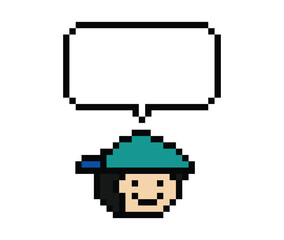 Fototapeta premium Cartoon pixel cute character man face with chat box blank decoration 8 bit male boy say speak discuss idea chat box cartoon pixel game 8bit png vector.