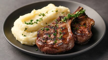A plate of meat and mashed potatoes with parsley on top