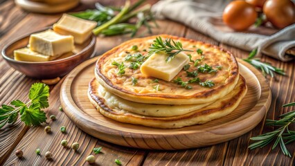 Cheese blini stack with butter and fresh herbs on a wooden plate.