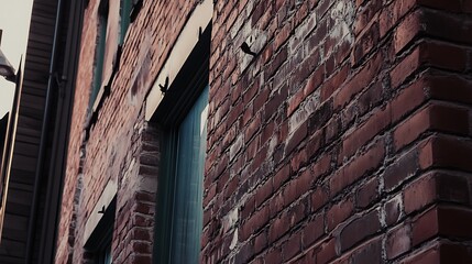 Weathered Brick Wall Corner With Teal Window Frame