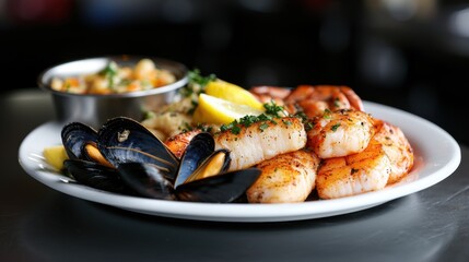 A plate of shrimp and mussels with a side of vegetables