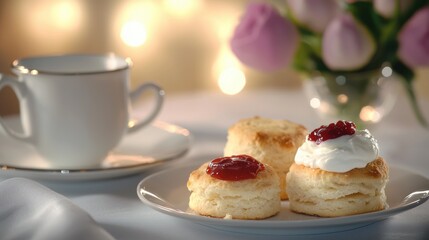 A plate of three pastries sits on a table next to a cup of tea
