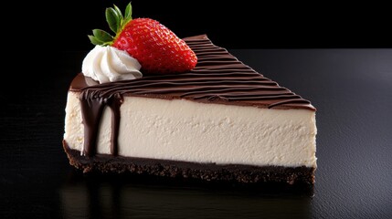 A slice of chocolate and strawberry cheesecake on a black table