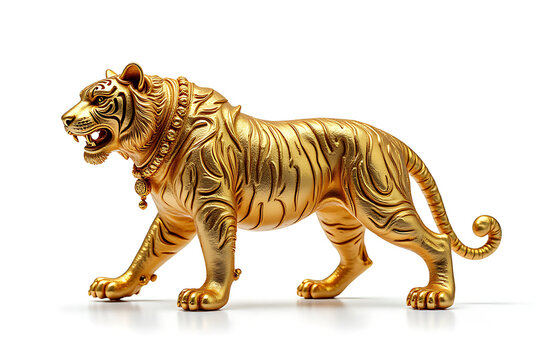 A golden tiger statue, adorned with intricate ornaments, accessories, and ornate patterns on a clean white background