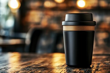 A sleek black coffee cup on a rustic wooden table in a cozy café setting.