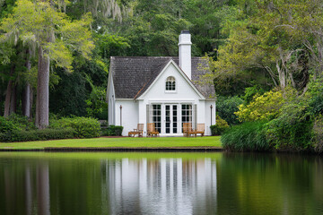 Obraz premium Nestled in the heart of nature, a charming lakeside cottage offers a serene retreat, embraced by vibrant greenery. On a bright, sunny day.