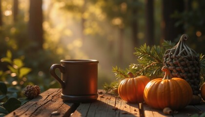 Enjoying Autumn Serenity with Pumpkins and a Warm Drink in the Tranquil Forest Setting