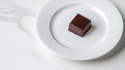 A chocolate bar sits on a white plate