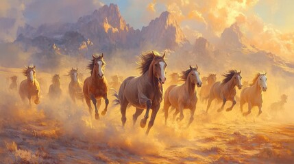 Fototapeta premium Wild Horses Galloping Across Golden Plains Under Sunset
