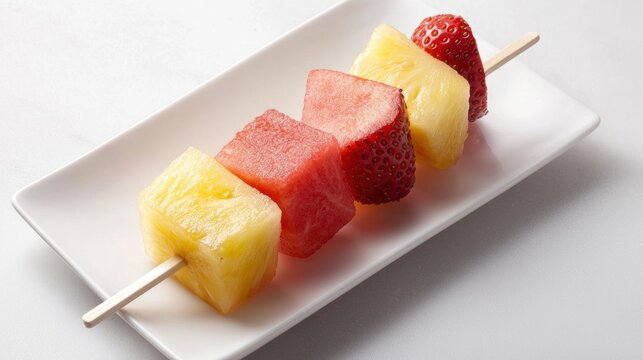 A plate of fruit skewers with a white background