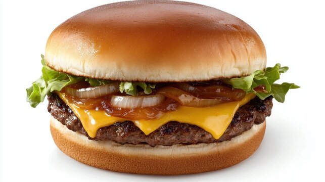 A large hamburger with cheese and onions on top