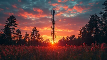 Sunset Landscape Featuring Telecommunication Tower and Flowers