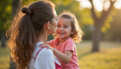 Fototapeta premium A Joyful Moment Between a Loving Mother and Her Daughter in the Embracing Nature