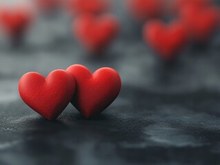 Fototapeta premium Two red heart shapes on a blurred background, symbolizing love and affection.