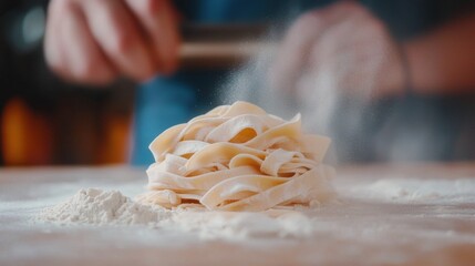A person is making pasta and there is a lot of flour on the table