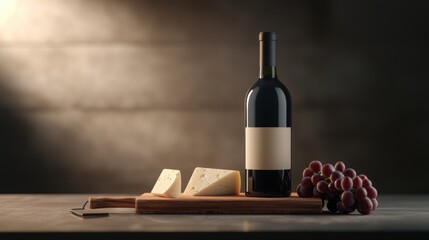 A bottle of wine is on a wooden board with a wedge of cheese