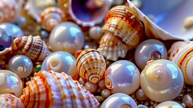 a seashell is surrounded by pearls, creating a beautiful and elegant marine-inspired arrangement
