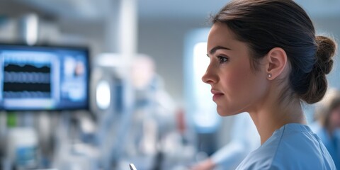 A focused healthcare professional stands in a modern medical environment. The image captures dedication and attention to detail. Ideal for health and science themes. AI