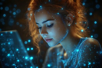 Glowing wireframe a business lady working on a laptop on a transparent background, highlighted by a combination of blue and black data points

