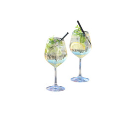 Two refreshing cocktails with lemon, mint, and ice on transparent background