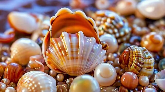 a seashell is surrounded by pearls, creating a beautiful and elegant marine-inspired arrangement
