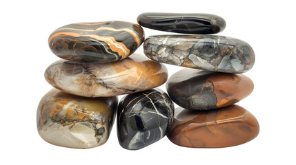 Natural stacked smooth stones in a balanced arrangement, ideal for meditation and decorative purpose isolated on white background