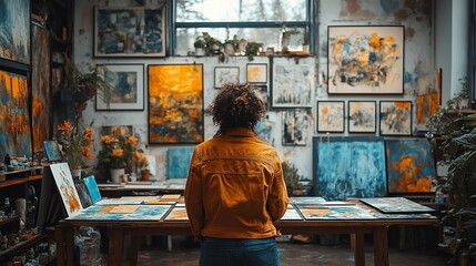 Fototapeta premium Artist Contemplates Artwork In A Vibrant Studio Space