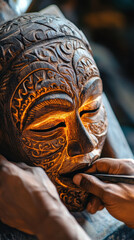 Obraz premium Detailed close-up of wooden mask carving with radiant highlights: Black history month