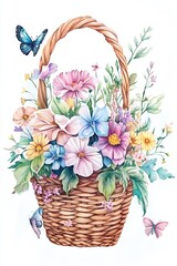 A delicate watercolor illustration of a woven basket filled with vibrant flowers, surrounded by fluttering butterflies and lush greenery, creating a serene and artistic depiction of nature's beauty
