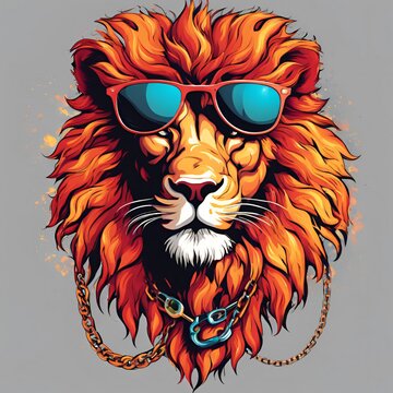 Attitude-filled lion, wearing vibrant sunglasses and chains.