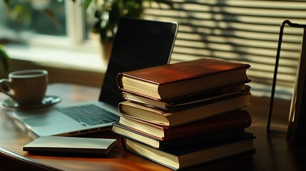 Fototapeta premium Laptop, books, and coffee cup on a wooden desk near a window.