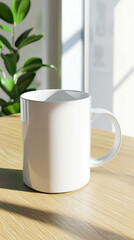 A blank coffee cup mockup resting on a rustic wooden table, featuring a smooth surface for users to add their logo or custom design, ideal for branding and promotional purposes.