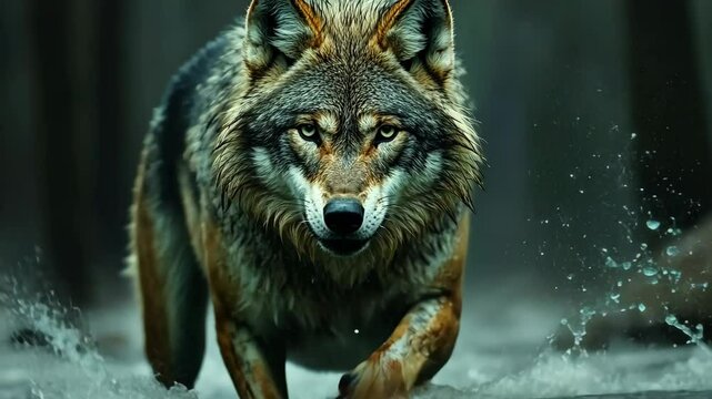 A close-up of a wolf wading through water, showcasing its intense gaze and wet fur.