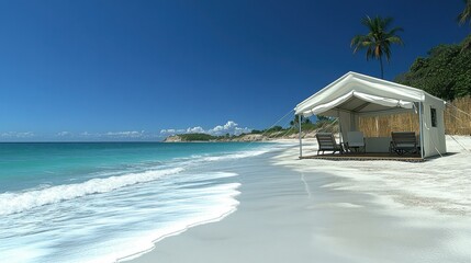 Fototapeta premium Serene beach scenes Beach tent providing shelter from sun