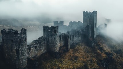 Naklejka premium derelict castle on a hill, with crumbling towers and fog