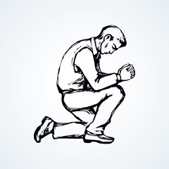 Sin depressed sorrow worry supplication on white background. Line love praise palm concept logo pictogram. Black drawn young thank plead fold soul body finger emblem in retro art doodle cartoon style