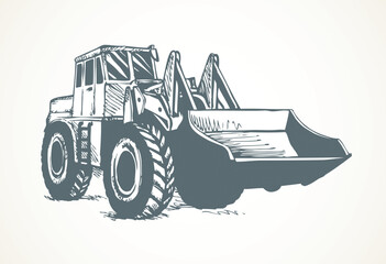 Steel scrape push load traction on big rubber bus tire isolated on white background. Freehand ink hand drawn icon sign logo in graphic style with space for text on sand dirt land quarry © Marina