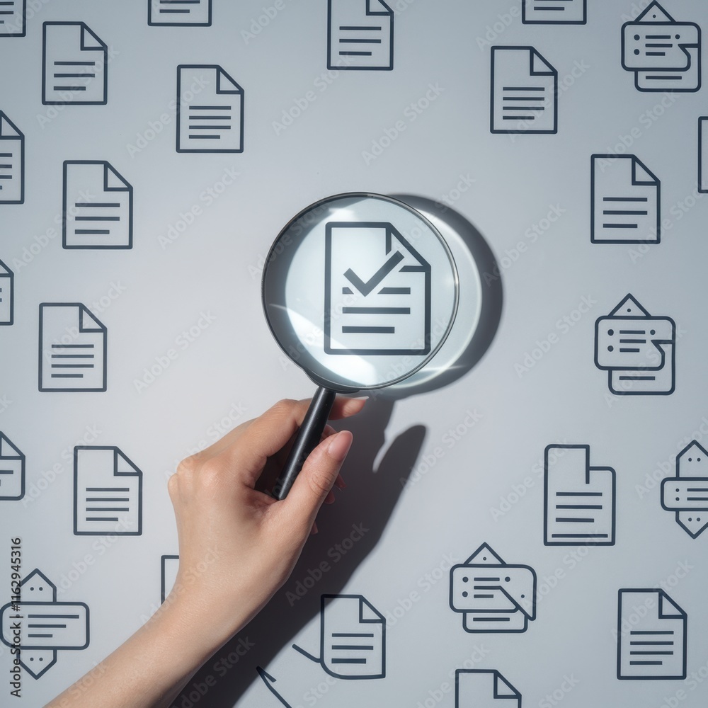 Poster document review process, quality control, and approval: magnifying glass over checklist icon