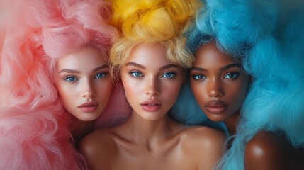Stylish group portrait with colorful wigs