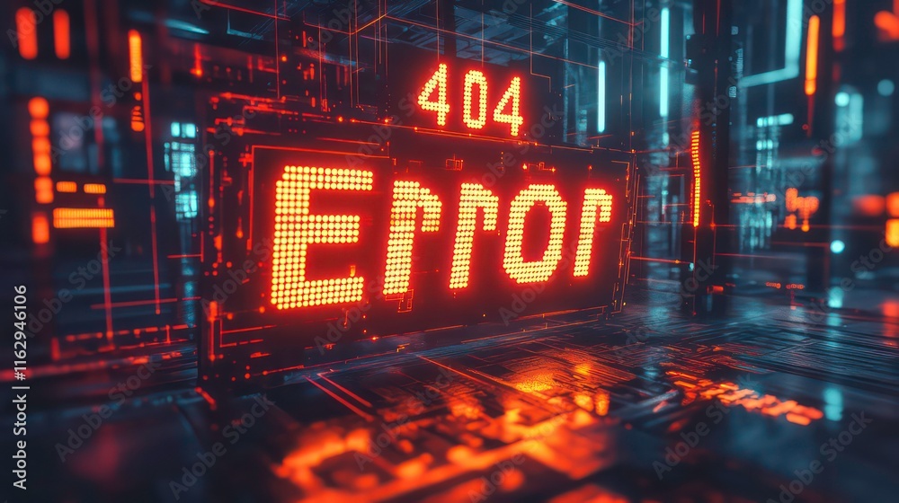 Poster glowing digital 404 error message in a futuristic technological environment.