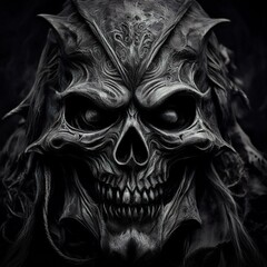 Naklejka premium Creepy skull, covered by a black cloak, has a sinister expression, with a menacing smile 