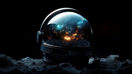 Astronaut helmet reflecting nebula on a dark, rocky surface.