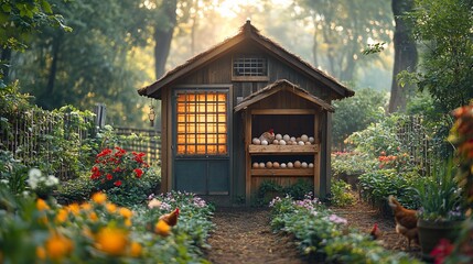 Wooden Chicken Coop Nestled In A Lush Garden Setting
