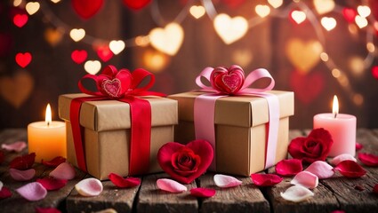 Obraz premium Romantic Valentine's Day Gift Scene with Candles and Decorations, Heartfelt Valentine's Day Celebration with Gifts and Rose Petals, Elegant Valentine's Day Setting with Wrapped Presents