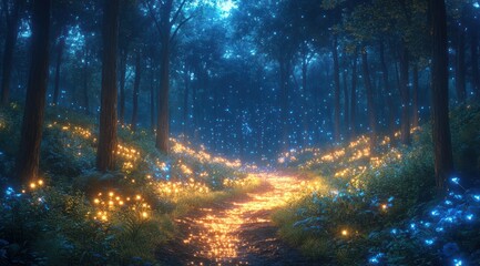 Fototapeta premium Magical forest path with glowing flowers and stream at night.
