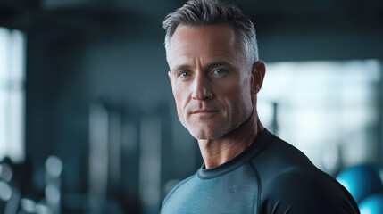 A middle-aged man with salt-and-pepper hair, dressed in workout gear, standing confidently in a gym setting, with fitness equipment visible in the background