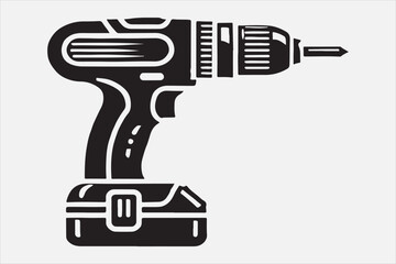 A black and white illustration of a cordless power drill.