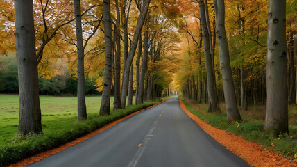 A peaceful countryside lane bordered by tall autumn trees in full seasonal colors.