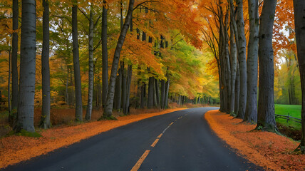 Obraz premium A peaceful countryside lane bordered by tall autumn trees in full seasonal colors.